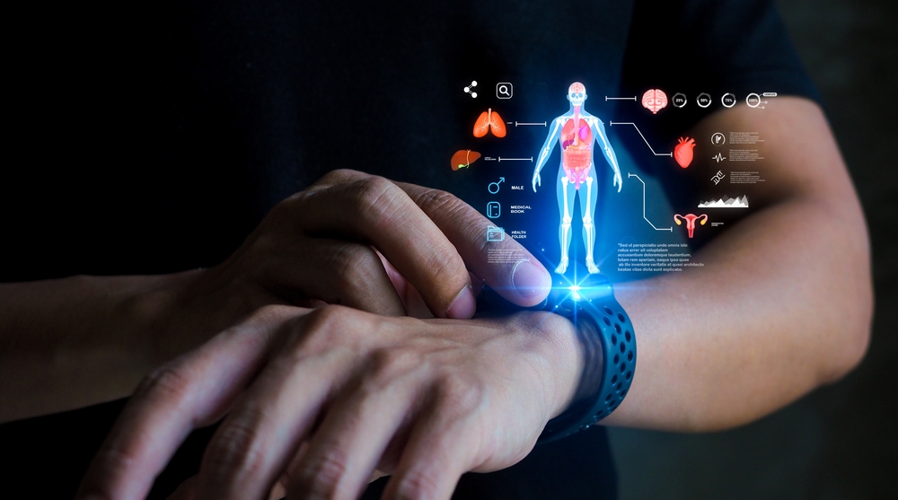 Advanced health technology integration - wearable devices projecting holographic health data and body analytics